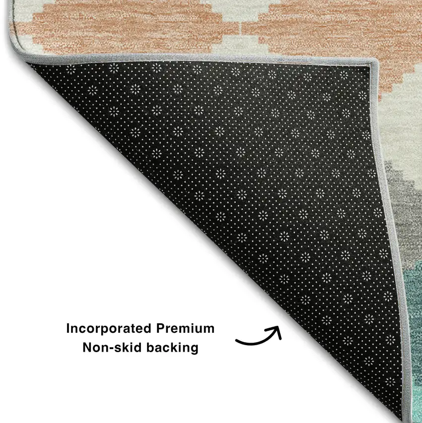 Teal Coral And Ivory Geometric Washable Area Rug With UV Protection Photo 6