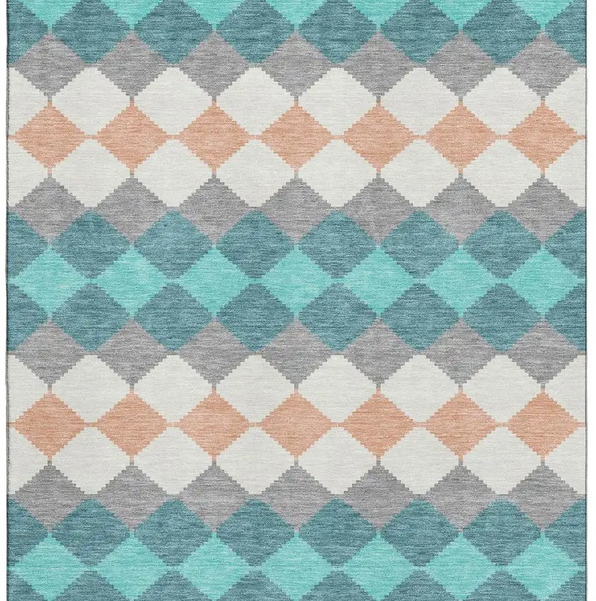 Teal Coral And Ivory Geometric Washable Area Rug With UV Protection Photo 3