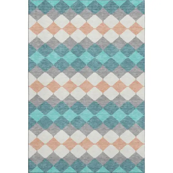 Teal Coral And Ivory Geometric Washable Area Rug With UV Protection Photo 1