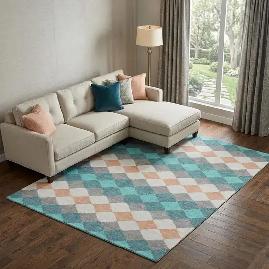 Teal Coral And Ivory Geometric Washable Area Rug With UV Protection Photo 1