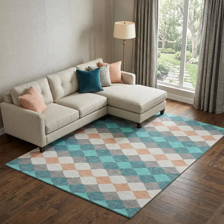 Teal Coral And Ivory Geometric Washable Area Rug With UV Protection Photo 1
