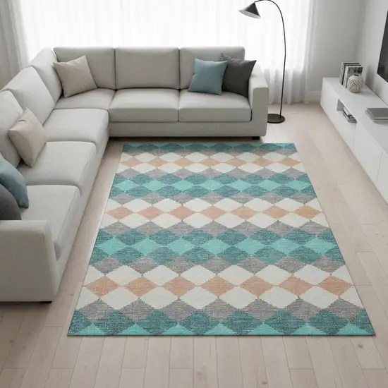 Teal Coral And Ivory Geometric Washable Area Rug With UV Protection Photo 2