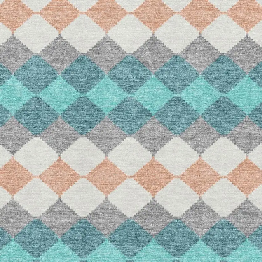 Teal Coral And Ivory Geometric Washable Area Rug With UV Protection Photo 2