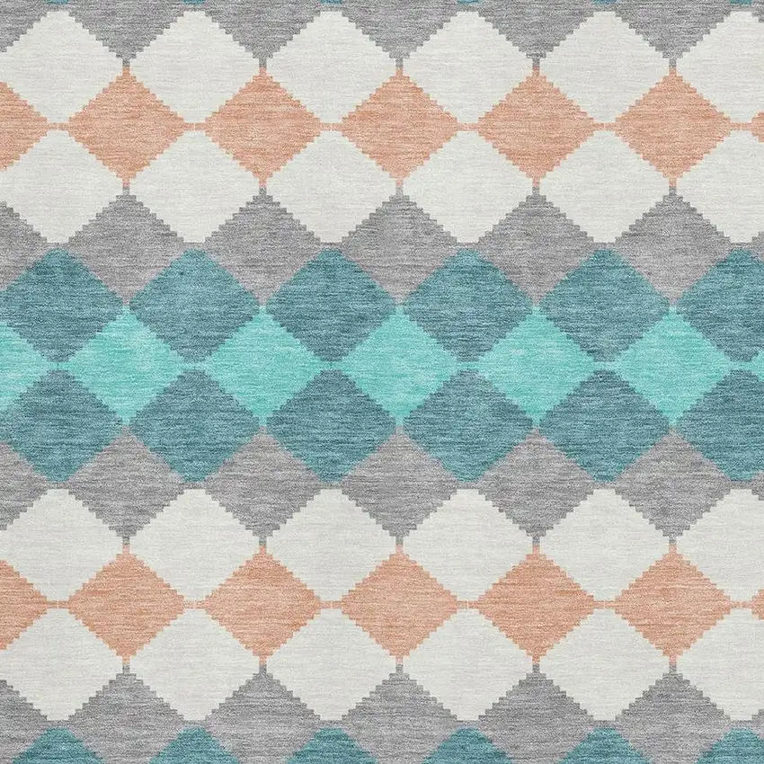 Teal Coral And Ivory Geometric Washable Area Rug With UV Protection Photo 2