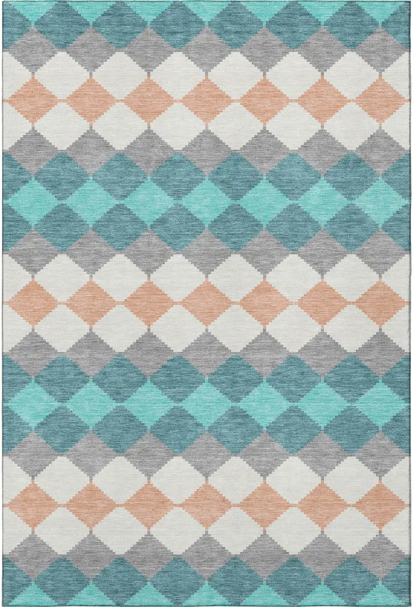 Teal Coral And Ivory Geometric Washable Area Rug With UV Protection Photo 3