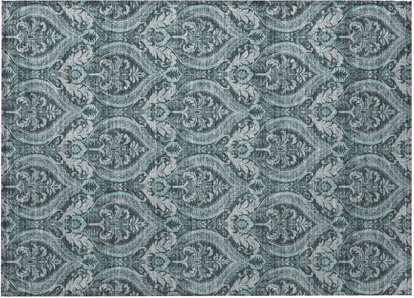 Teal Damask Washable Non Skid Indoor Outdoor Area Rug Photo 5