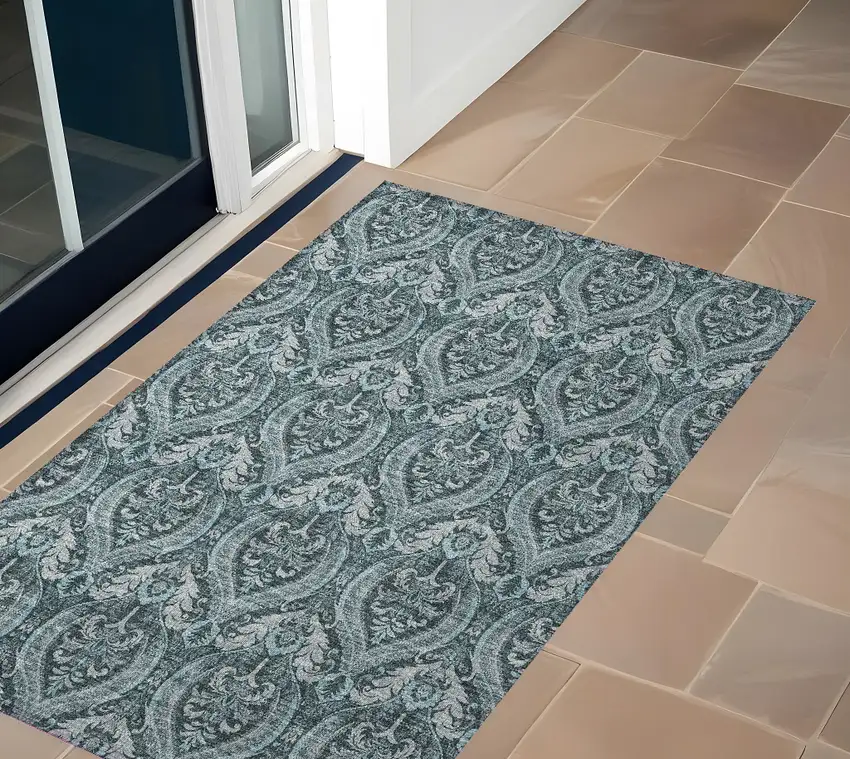 Teal Damask Washable Non Skid Indoor Outdoor Area Rug Photo 1