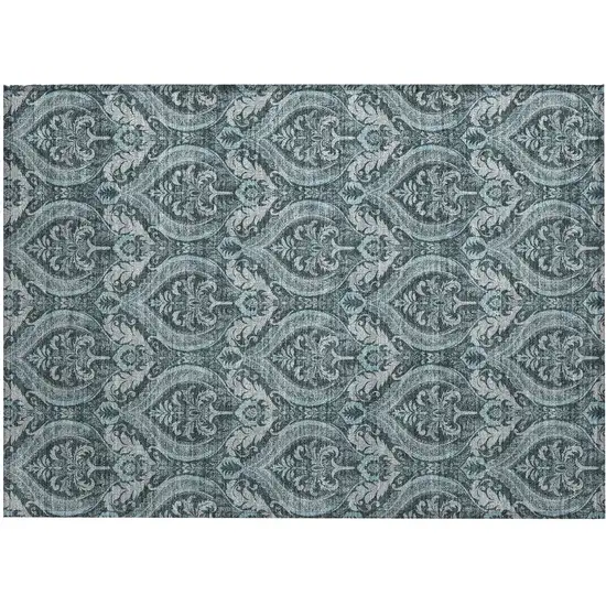 Teal Damask Washable Non Skid Indoor Outdoor Area Rug Photo 2