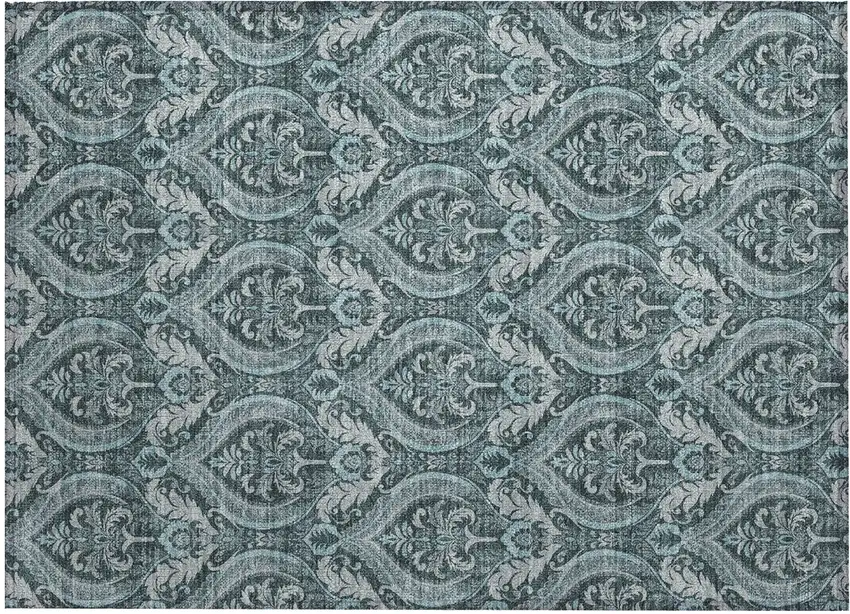 Teal Damask Washable Non Skid Indoor Outdoor Area Rug Photo 2