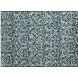 Photo of Teal Damask Washable Non Skid Indoor Outdoor Area Rug