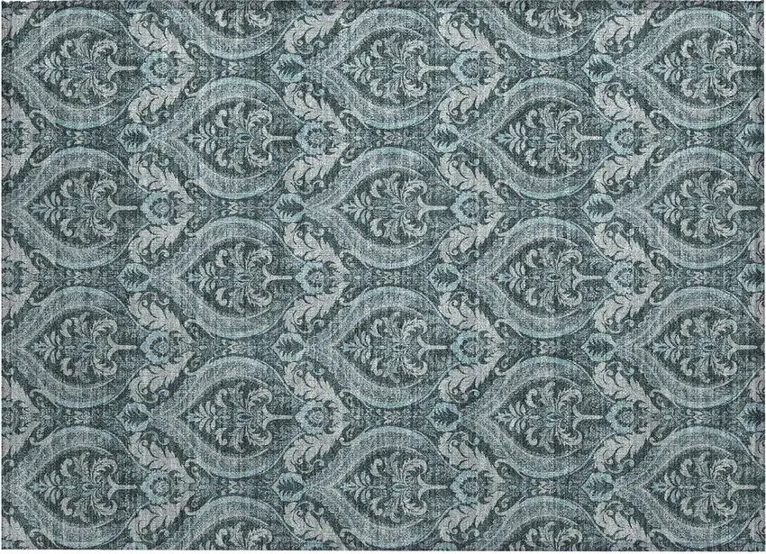 Teal Damask Washable Non Skid Indoor Outdoor Area Rug Photo 2