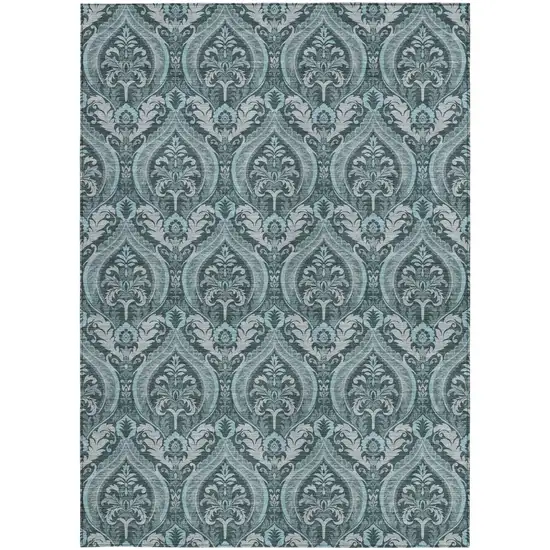 Teal Damask Washable Non Skid Indoor Outdoor Area Rug Photo 3