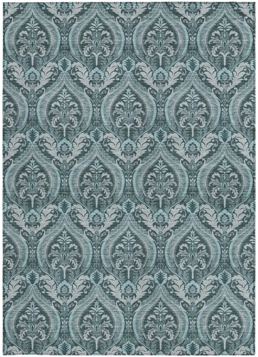 Teal Damask Washable Non Skid Indoor Outdoor Area Rug Photo 3