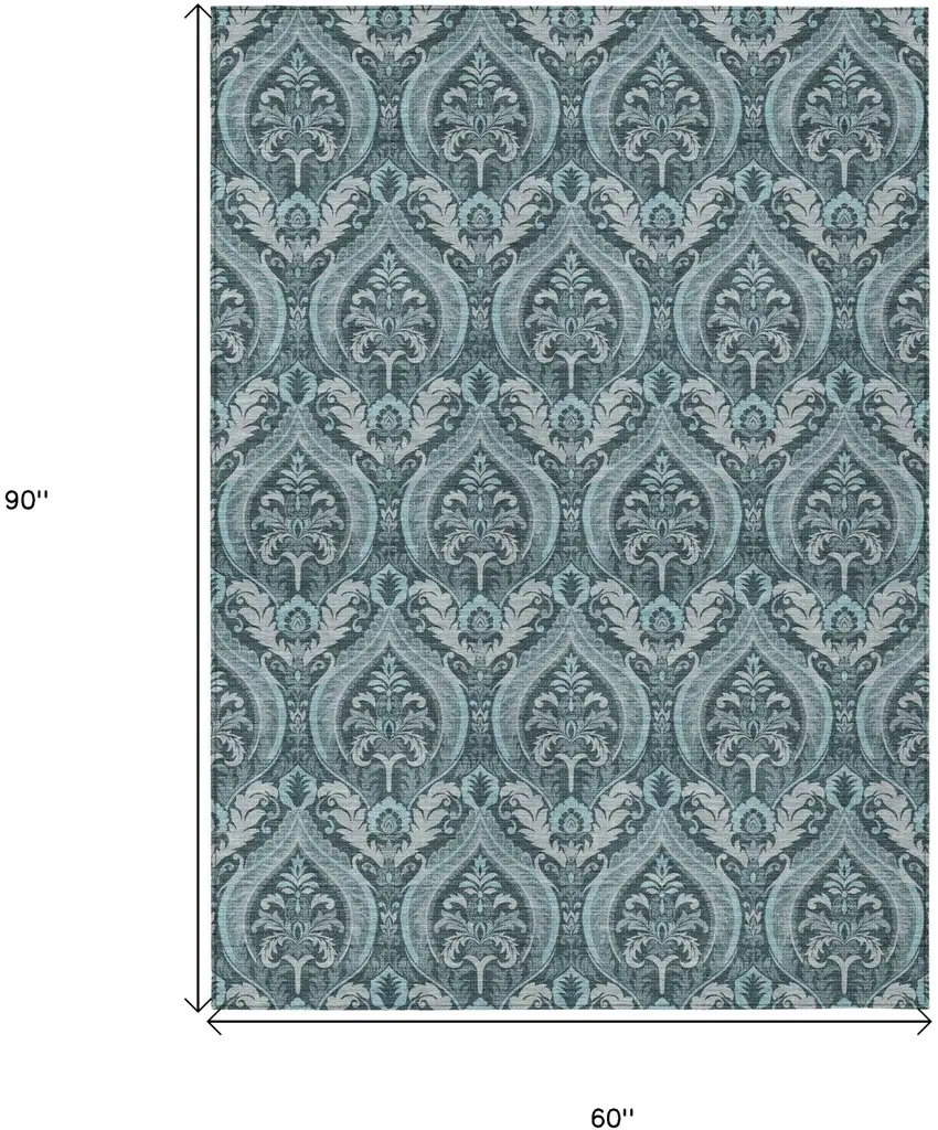 Teal Damask Washable Non Skid Indoor Outdoor Area Rug Photo 3