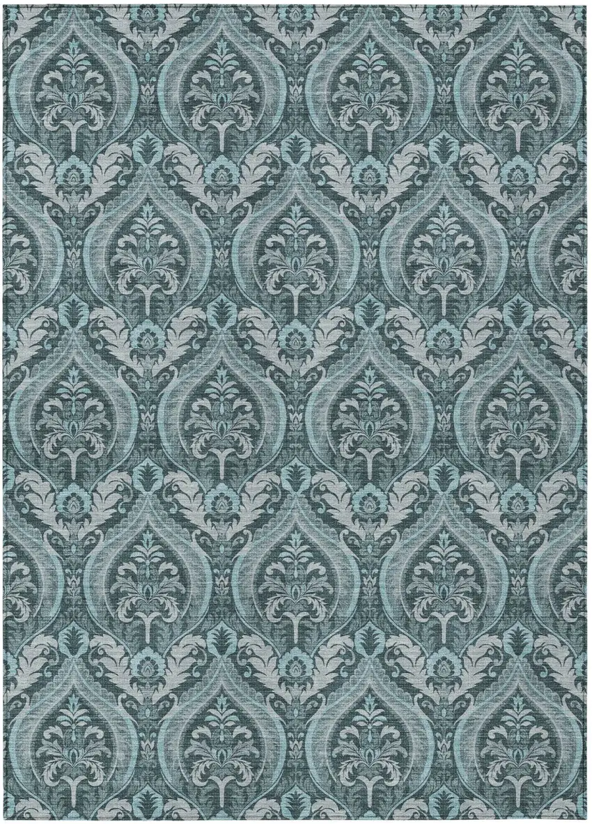 Teal Damask Washable Non Skid Indoor Outdoor Area Rug Photo 2