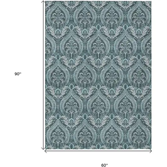 Teal Damask Washable Non Skid Indoor Outdoor Area Rug Photo 7