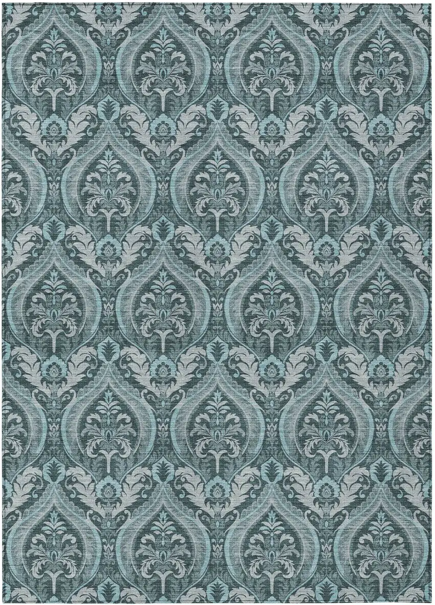 Teal Damask Washable Non Skid Indoor Outdoor Area Rug Photo 2