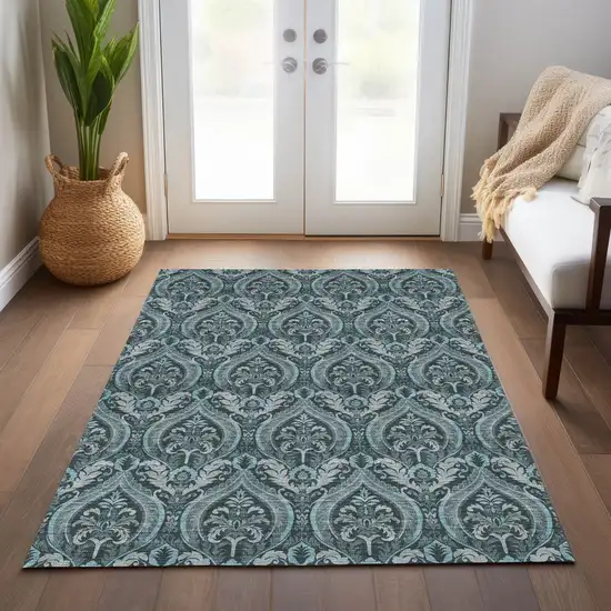 Teal Damask Washable Non Skid Indoor Outdoor Area Rug Photo 9