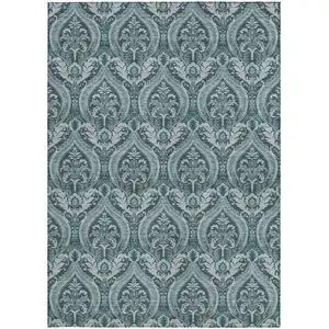Photo of Teal Damask Washable Non Skid Indoor Outdoor Area Rug