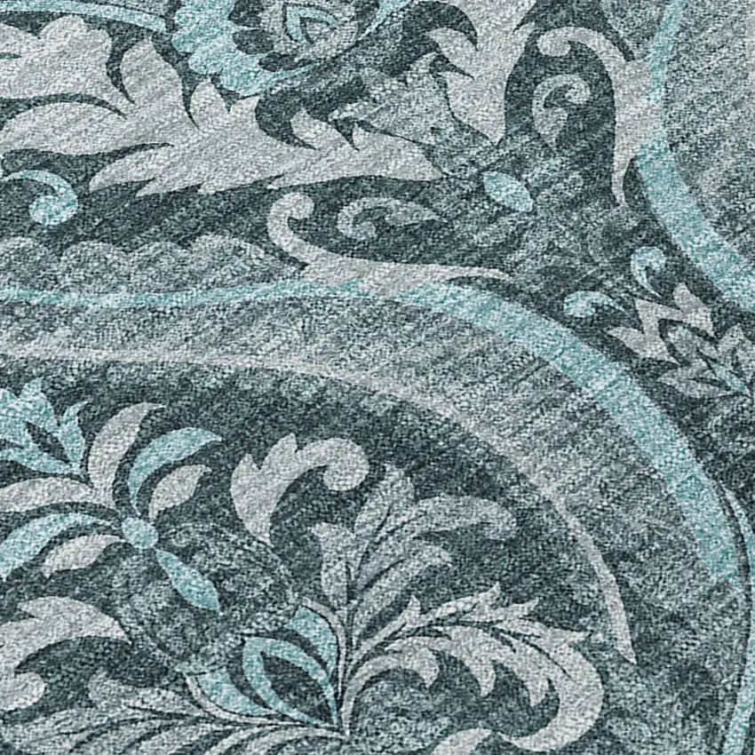 Teal Damask Washable Non Skid Indoor Outdoor Area Rug Photo 8