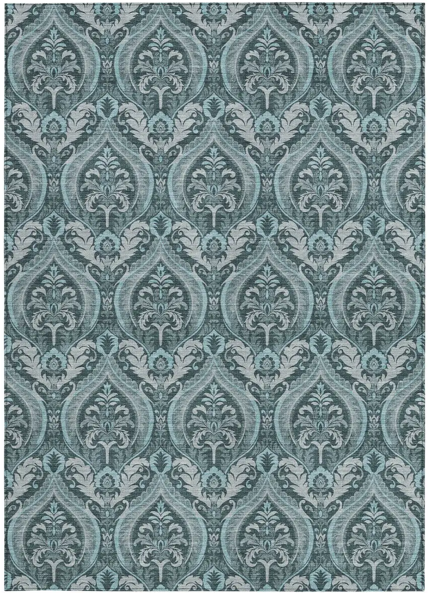 Teal Damask Washable Non Skid Indoor Outdoor Area Rug Photo 4