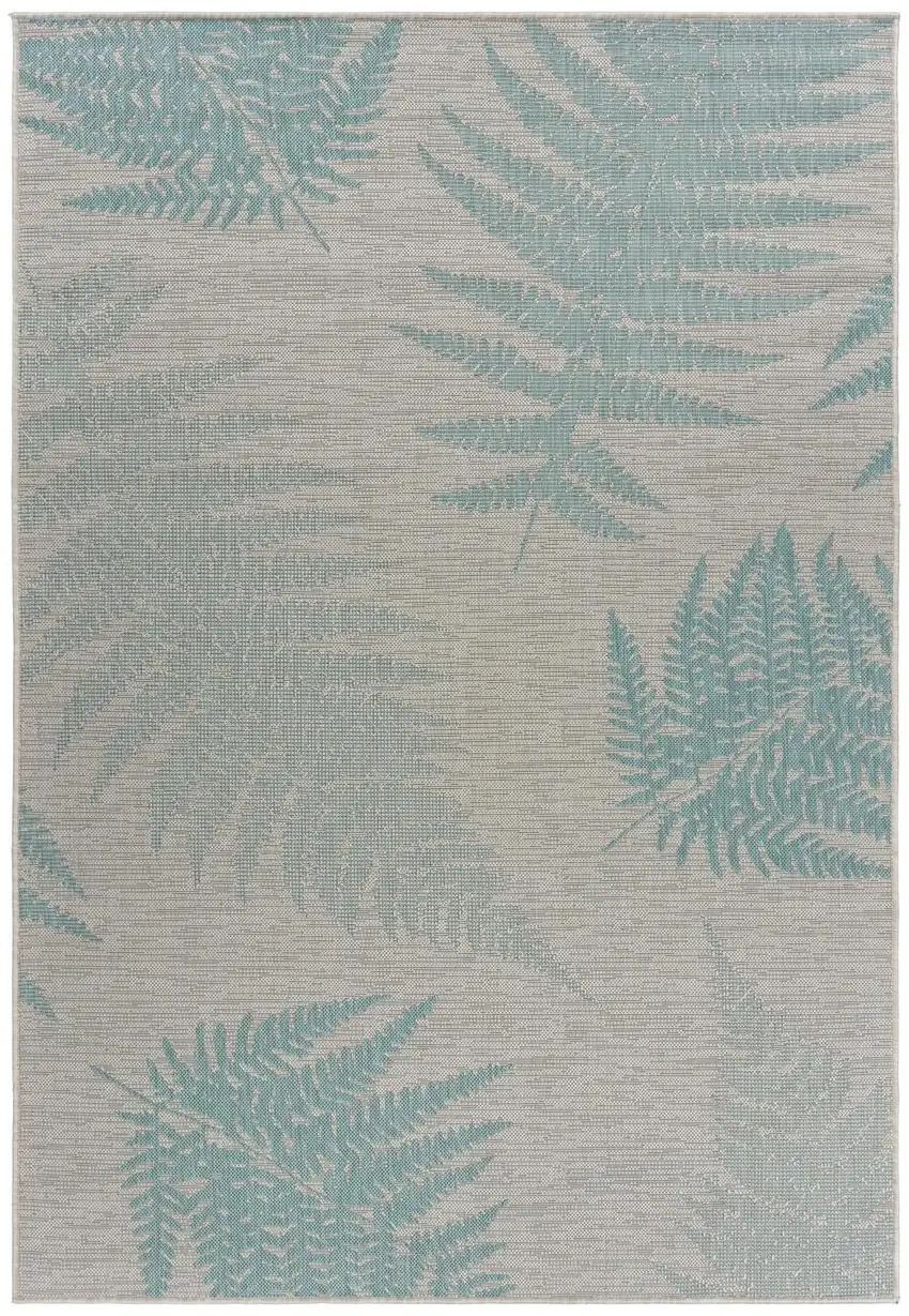 Beige And Teal Blue Fern Leave Indoor Outdoor Area Rug Photo 3