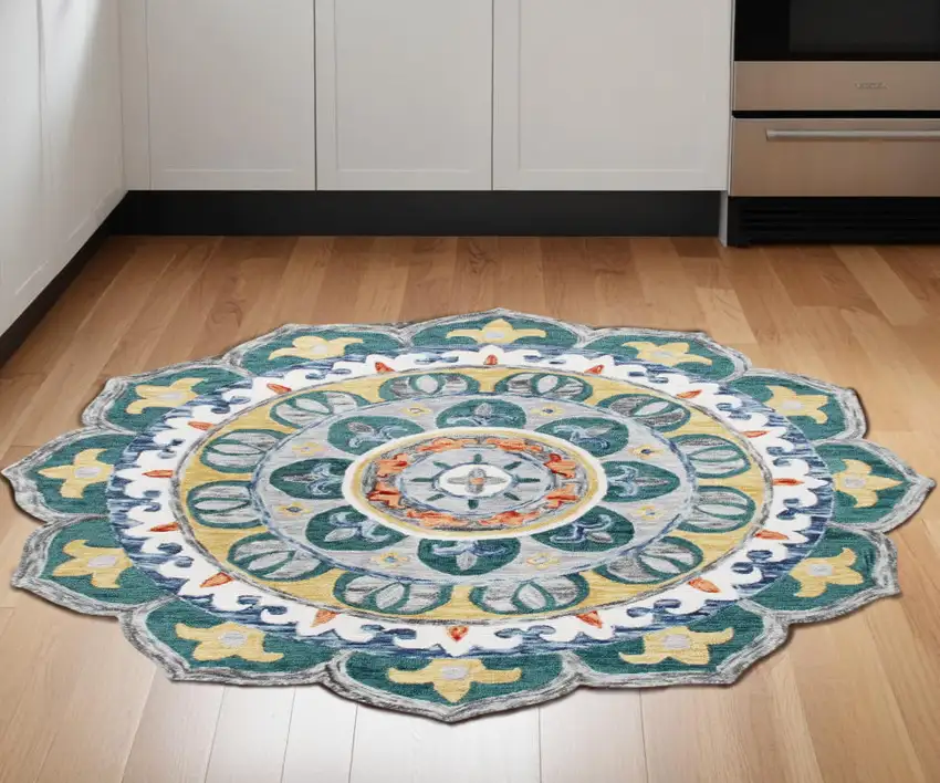 6' Teal Blue Round Wool Hand Hooked Handmade Area Rug Photo 1