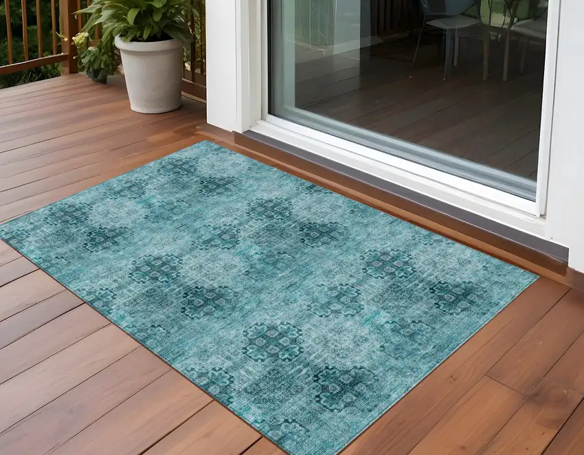 Teal Floral Medallion Washable Non Skid Indoor Outdoor Area Rug Photo 2