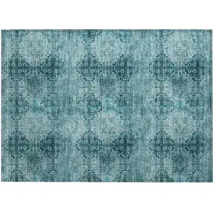 Photo of Teal Floral Medallion Washable Non Skid Indoor Outdoor Area Rug