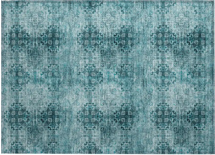 Teal Floral Medallion Washable Non Skid Indoor Outdoor Area Rug Photo 1