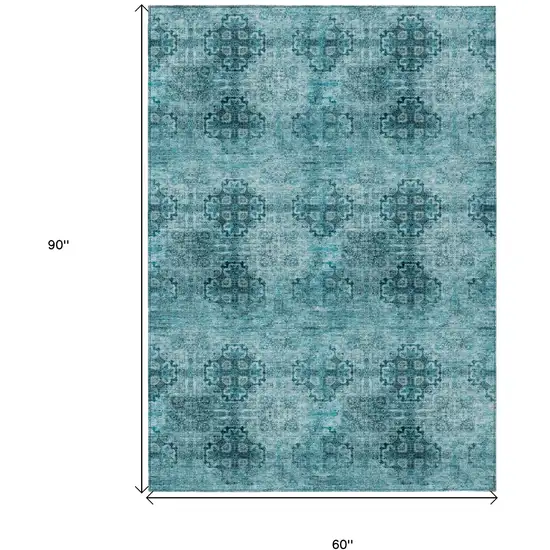 Teal Floral Medallion Washable Non Skid Indoor Outdoor Area Rug Photo 7