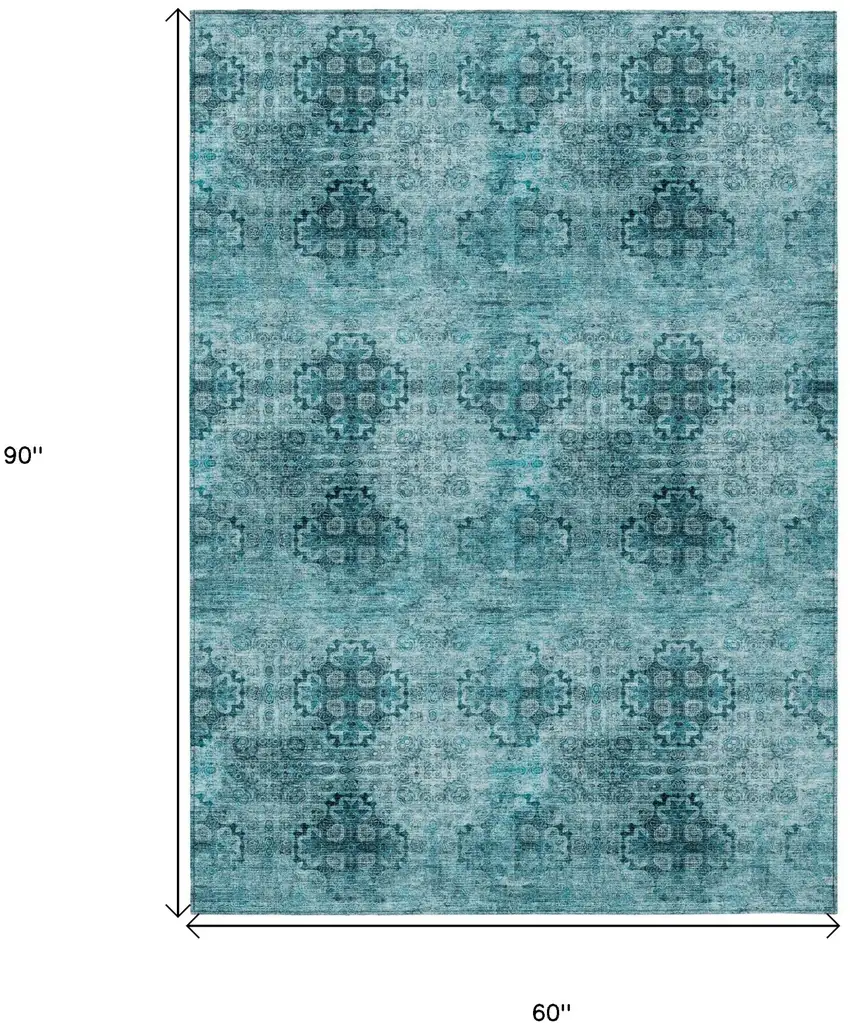 Teal Floral Medallion Washable Non Skid Indoor Outdoor Area Rug Photo 7