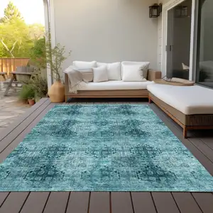 Photo of Teal Floral Medallion Washable Non Skid Indoor Outdoor Area Rug