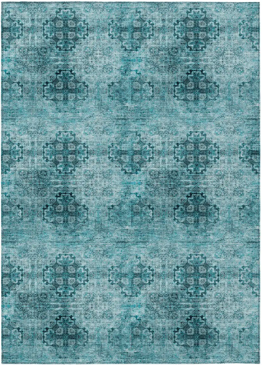 Teal Floral Medallion Washable Non Skid Indoor Outdoor Area Rug Photo 1