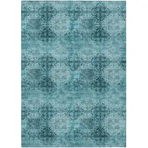 Photo of Teal Floral Medallion Washable Non Skid Indoor Outdoor Area Rug