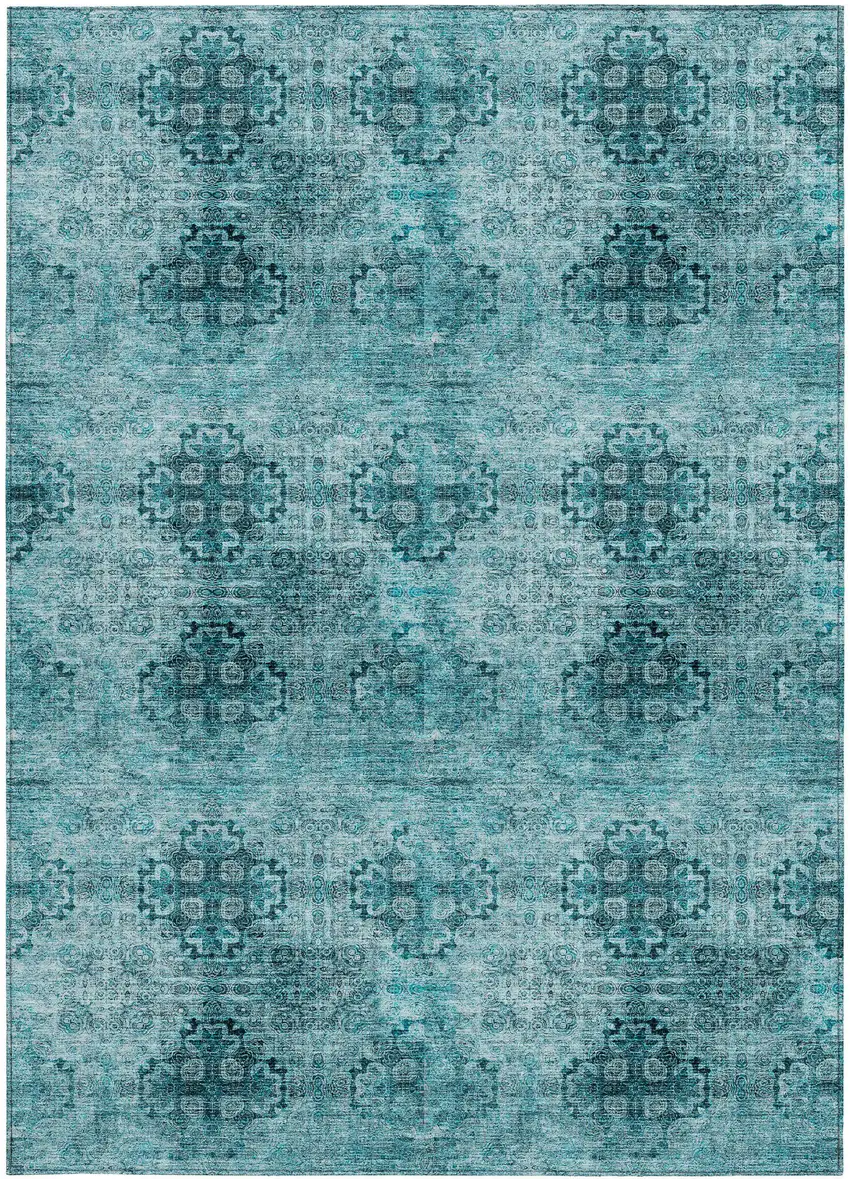 Teal Floral Medallion Washable Non Skid Indoor Outdoor Area Rug Photo 3