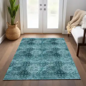 Photo of Teal Floral Medallion Washable Non Skid Indoor Outdoor Area Rug