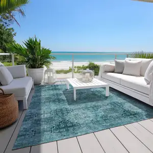 Photo of Teal Floral Medallion Washable Non Skid Indoor Outdoor Area Rug