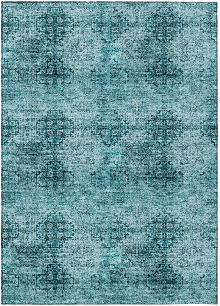 Teal Floral Medallion Washable Non Skid Indoor Outdoor Area Rug Photo 2