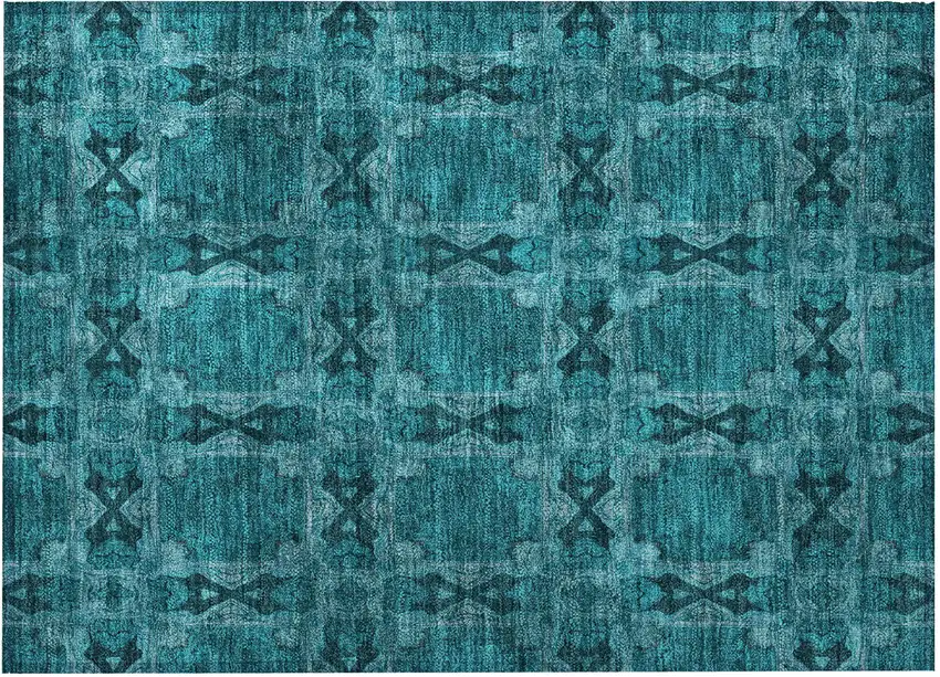 Teal Floral Medallion Washable Non Skid Indoor Outdoor Area Rug Photo 4