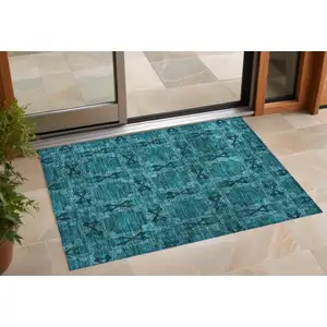 Photo of Teal Floral Medallion Washable Non Skid Indoor Outdoor Area Rug