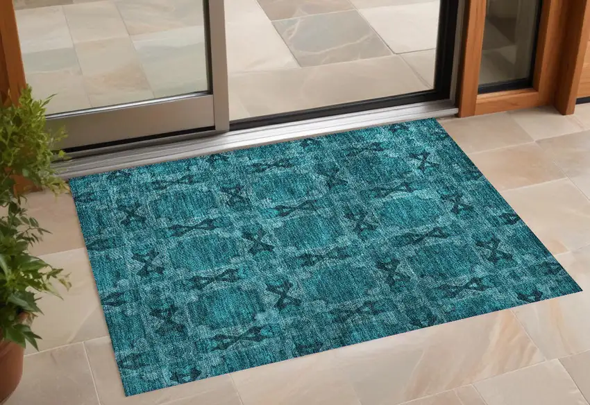 Teal Floral Medallion Washable Non Skid Indoor Outdoor Area Rug Photo 1