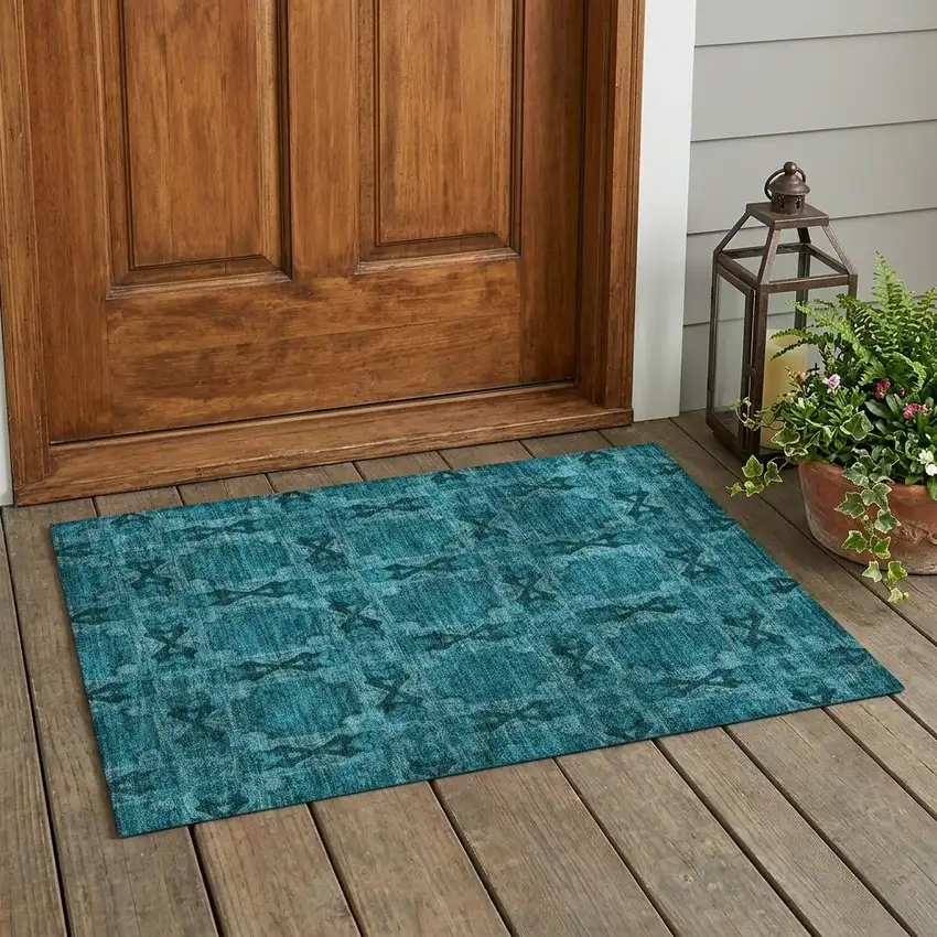 Teal Floral Medallion Washable Non Skid Indoor Outdoor Area Rug Photo 1