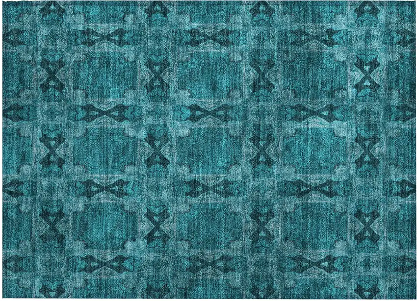 Teal Floral Medallion Washable Non Skid Indoor Outdoor Area Rug Photo 2