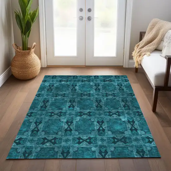 Teal Floral Medallion Washable Non Skid Indoor Outdoor Area Rug Photo 9