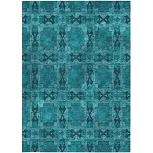 Photo of Teal Floral Medallion Washable Non Skid Indoor Outdoor Area Rug