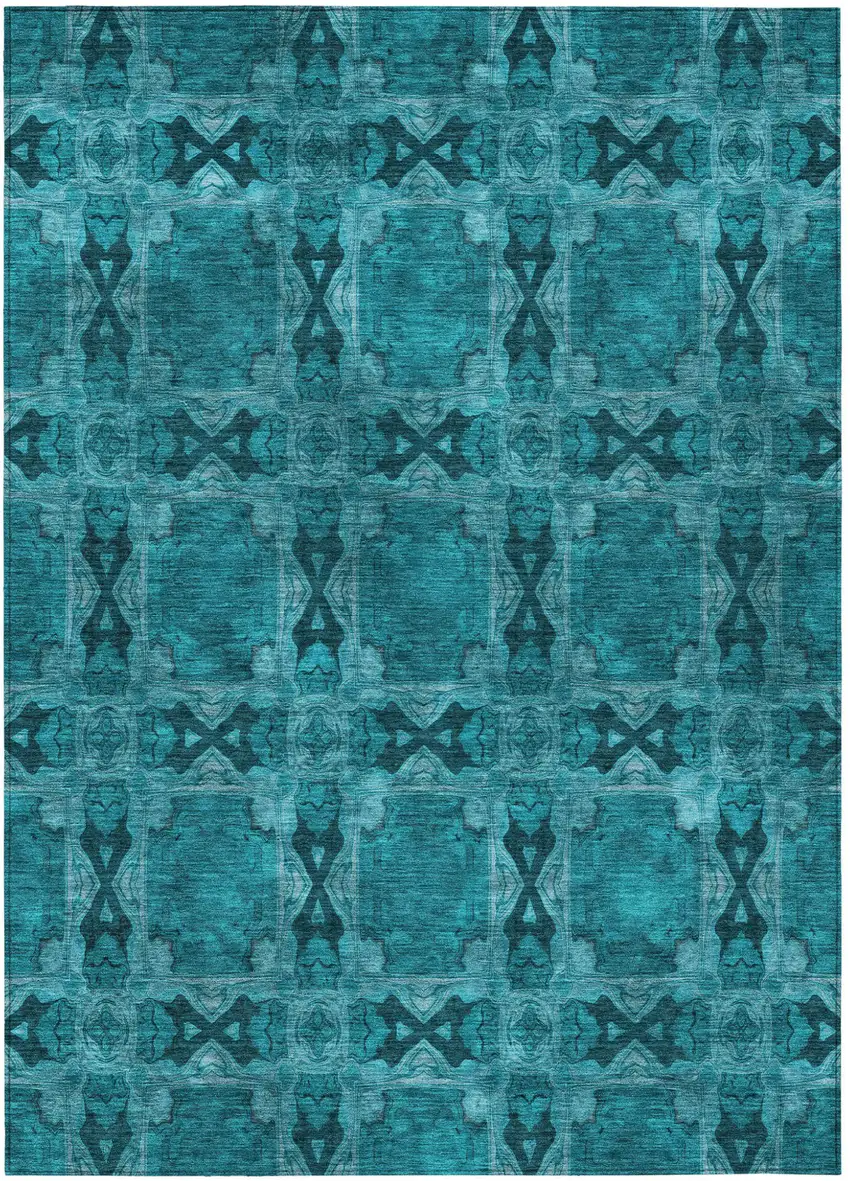 Teal Floral Medallion Washable Non Skid Indoor Outdoor Area Rug Photo 2