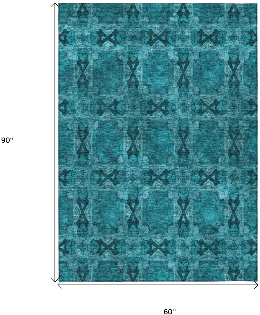 Teal Floral Medallion Washable Non Skid Indoor Outdoor Area Rug Photo 3