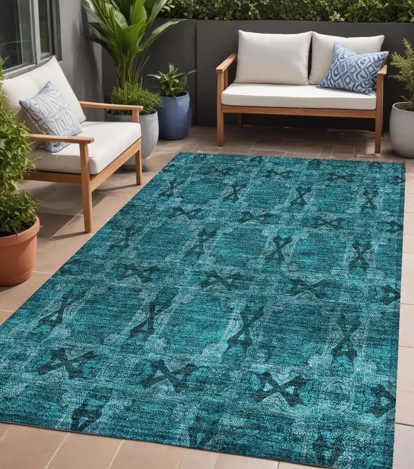 Teal Floral Medallion Washable Non Skid Indoor Outdoor Area Rug Photo 1