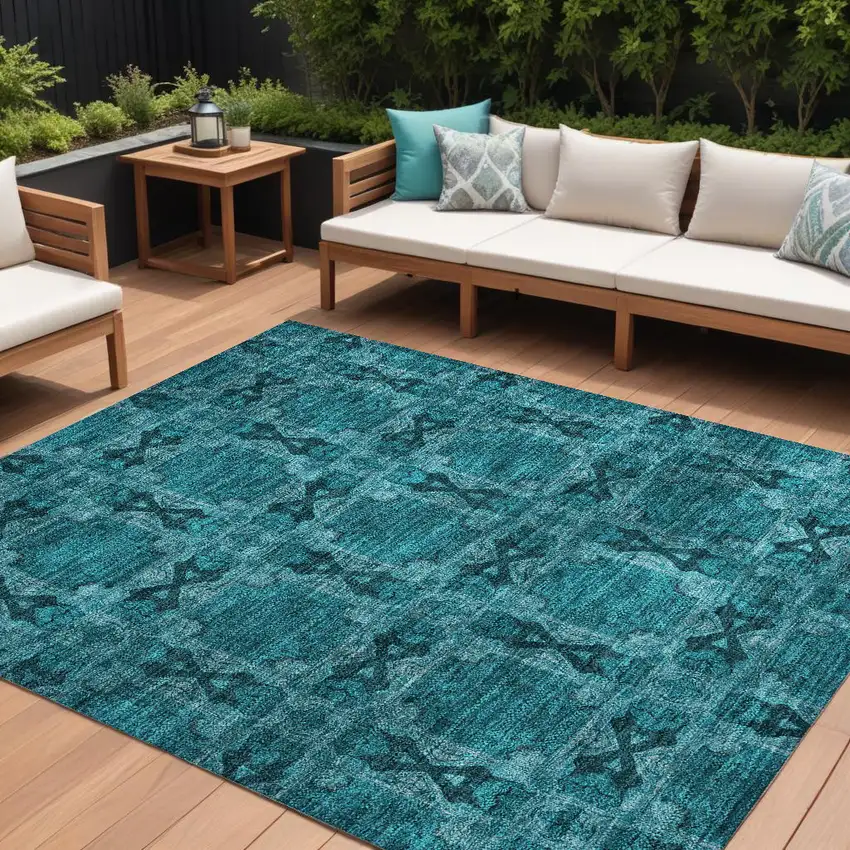 Teal Floral Medallion Washable Non Skid Indoor Outdoor Area Rug Photo 1